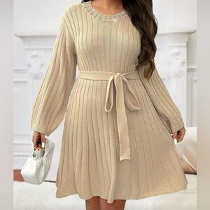 SHEIN Beige Long Sleeve Knit Dress